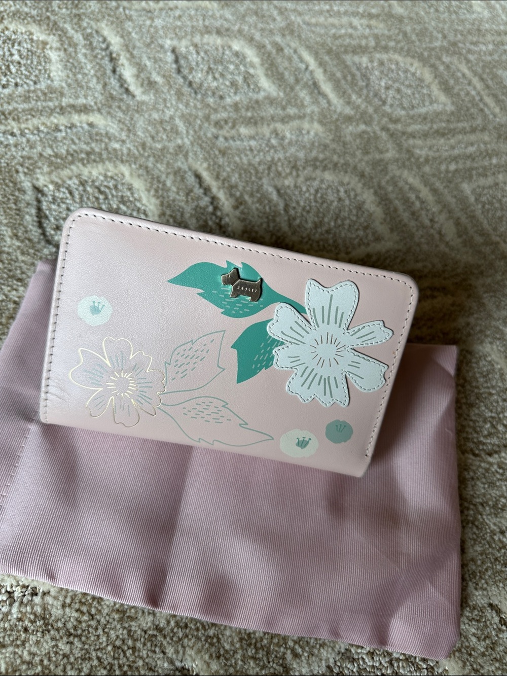 Light Pink Floral Zip-Around Wallet with Mint Accents